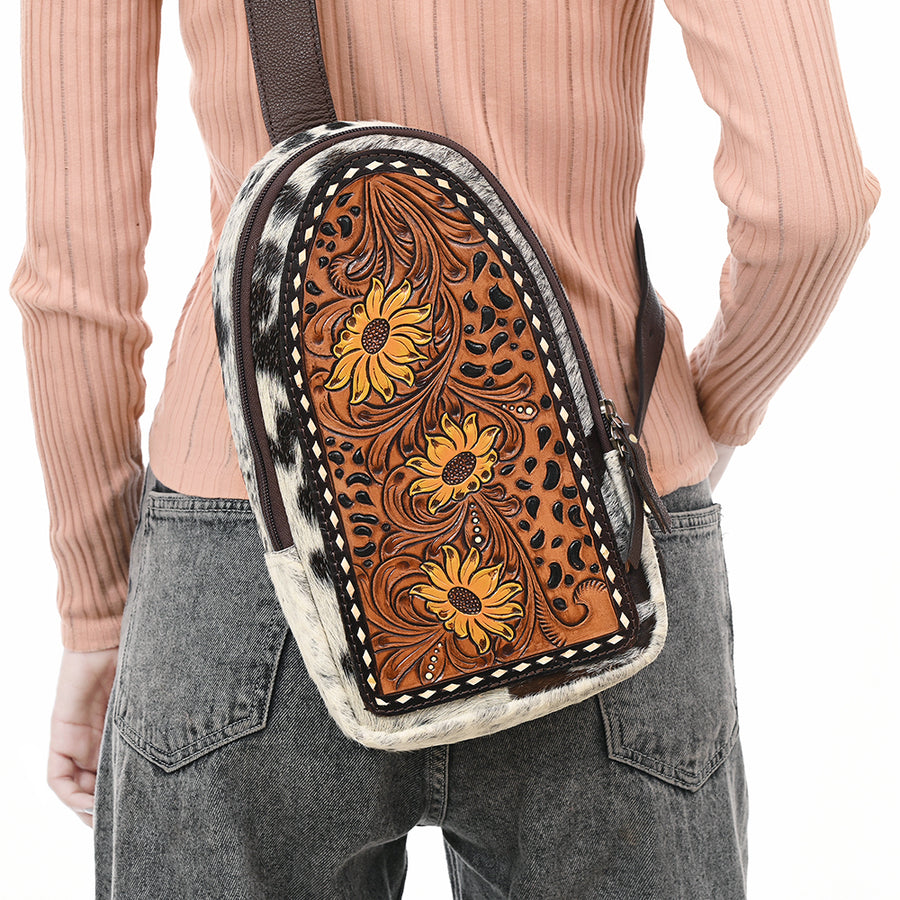 American Darling Sling Bag - Buck Stitched Floral Carved Hair-On Cowhide, Eco-Friendly Vegetable Tanned Genuine Leather