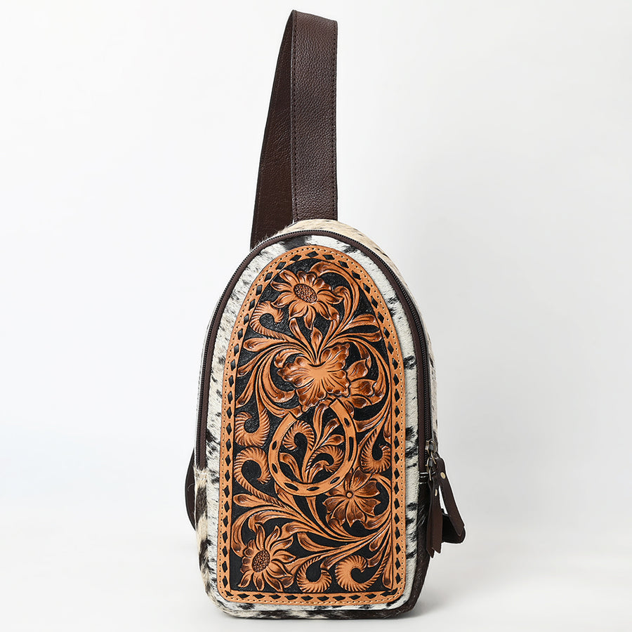 American Darling Sling Bag - Buck Stitched Floral Carved Hair-On Cowhide, Eco-Friendly Vegetable Tanned Genuine Leather