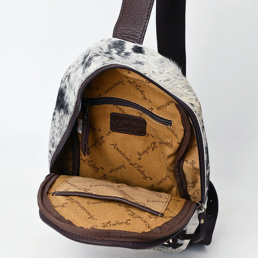 American Darling Sling Bag - Buck Stitched Floral Carved Hair-On Cowhide, Eco-Friendly Vegetable Tanned Genuine Leather