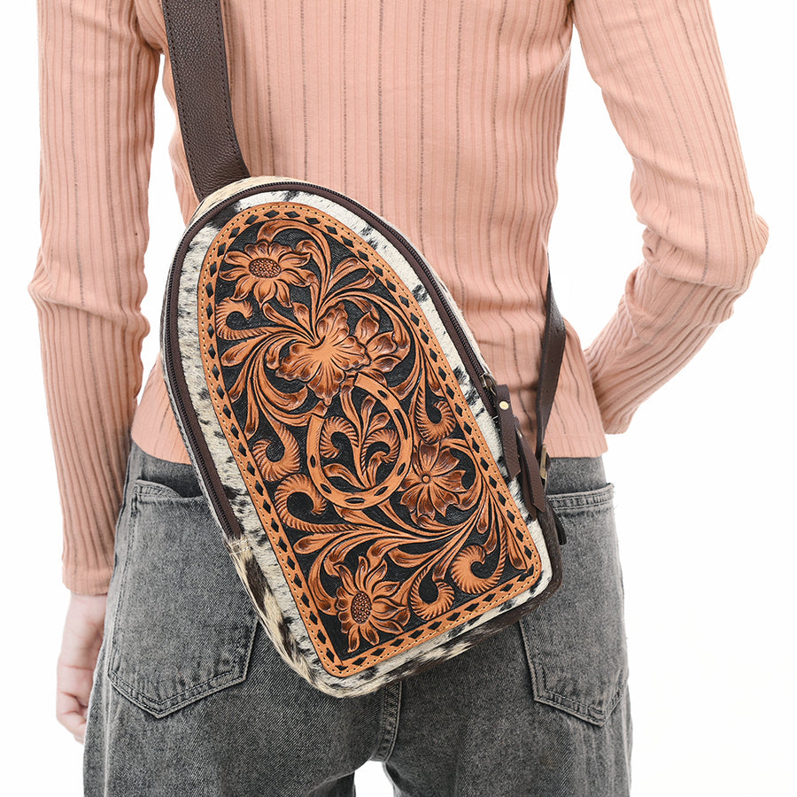 American Darling Sling Bag - Buck Stitched Floral Carved Hair-On Cowhide, Eco-Friendly Vegetable Tanned Genuine Leather