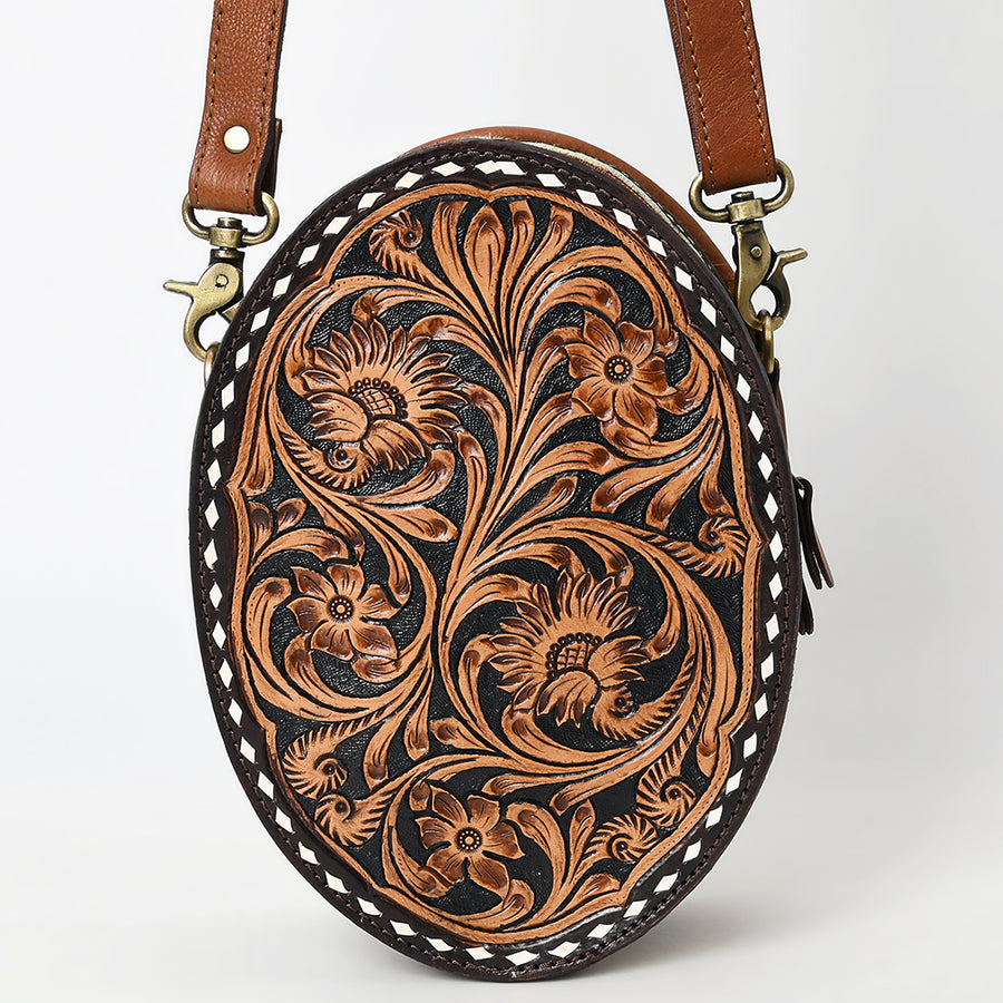 American Darling Canteen Bag - Buck Stitched Floral Carved, Eco-Friendly Vegetable Tanned Genuine Leather, Western Style