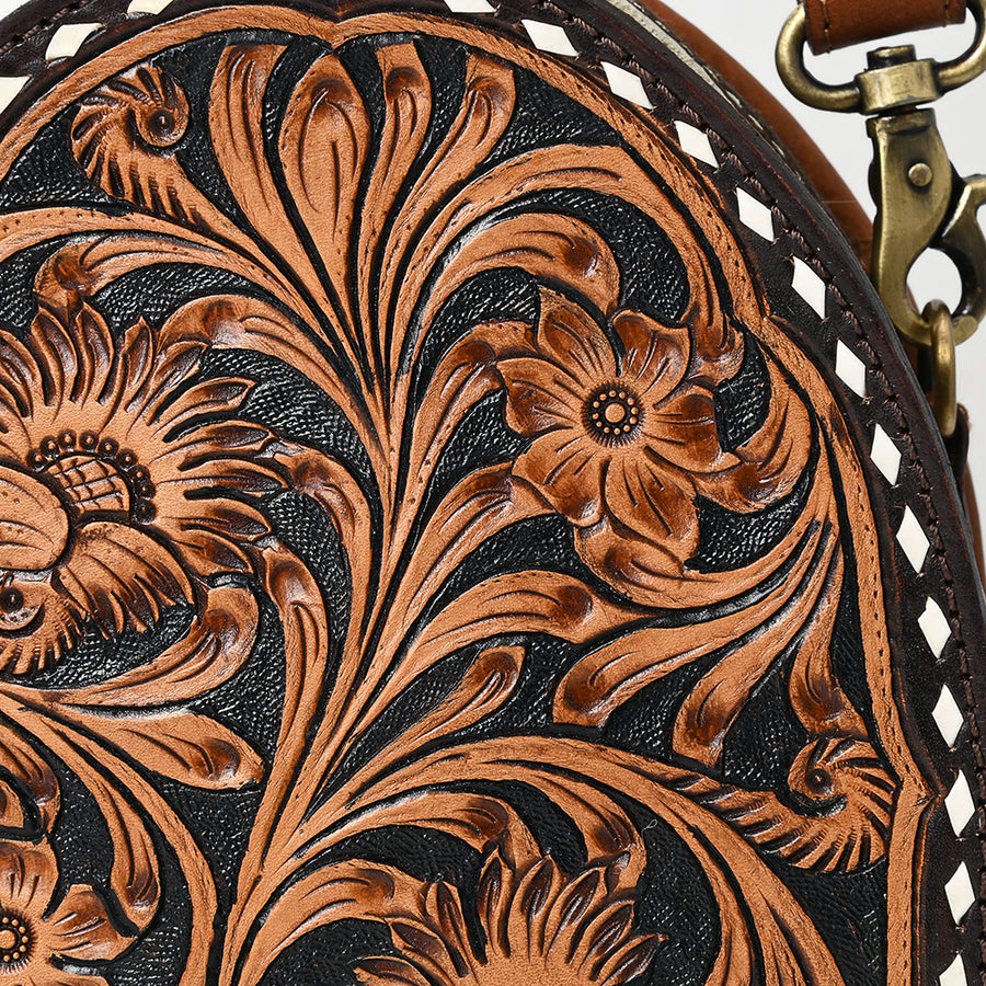 American Darling Canteen Bag - Buck Stitched Floral Carved, Eco-Friendly Vegetable Tanned Genuine Leather, Western Style