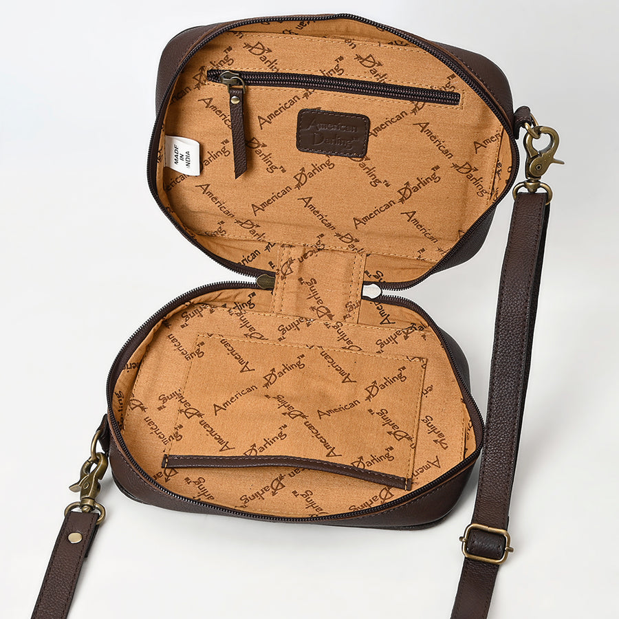 American Darling Camera Bag - Buck Stitched Floral Carved, Eco-Friendly Vegetable Tanned Genuine Leather, Tooled Crossbody