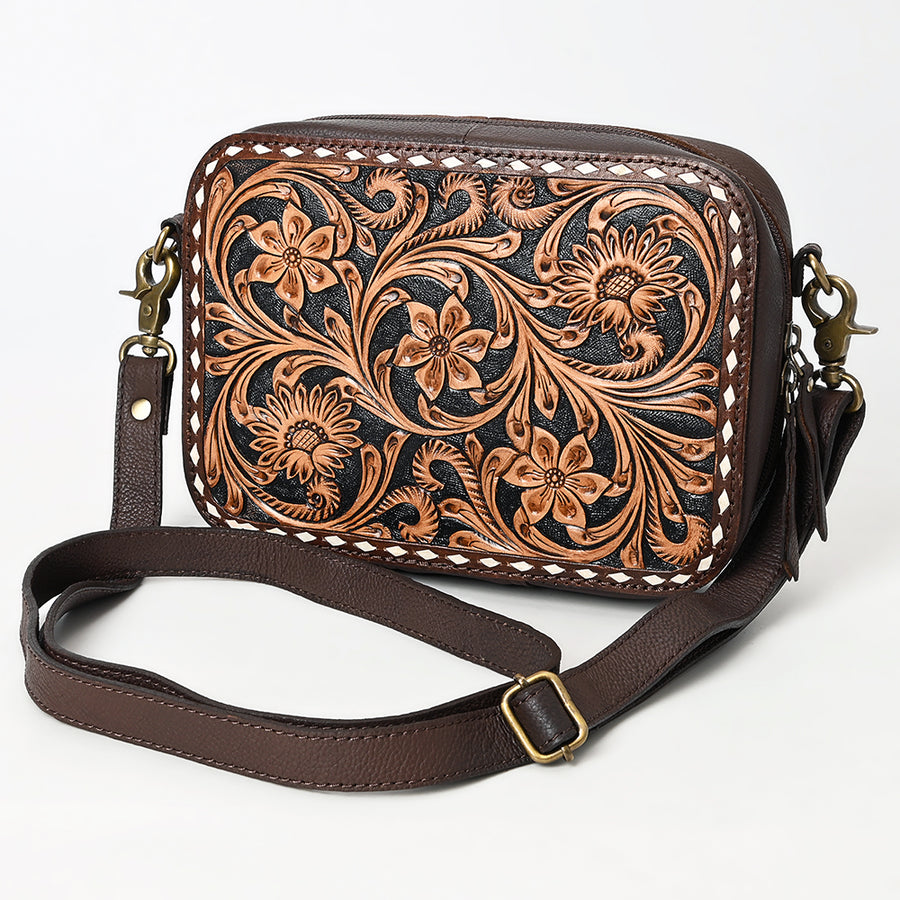 American Darling Buck Stitched Floral Carved Genuine Leather Camera Bag - Uhorse