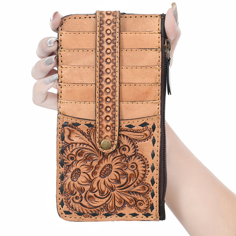 American Darling Card Holder - Buck Stitched Floral Carved, Eco-Friendly Vegetable Tanned Genuine Leather, Western Style Wallet
