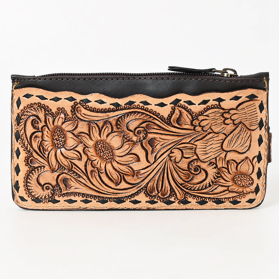 American Darling Card Holder - Buck Stitched Floral Carved, Eco-Friendly Vegetable Tanned Genuine Leather, Western Style Wallet