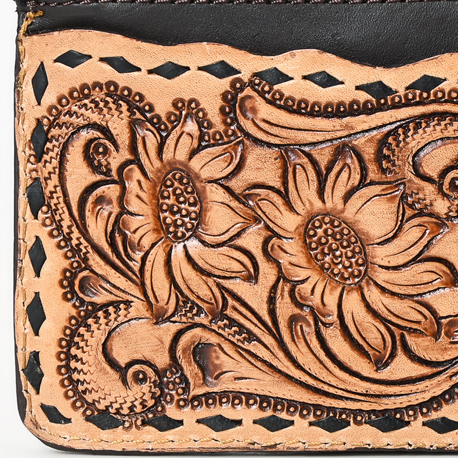 American Darling Card Holder - Buck Stitched Floral Carved, Eco-Friendly Vegetable Tanned Genuine Leather, Western Style Wallet