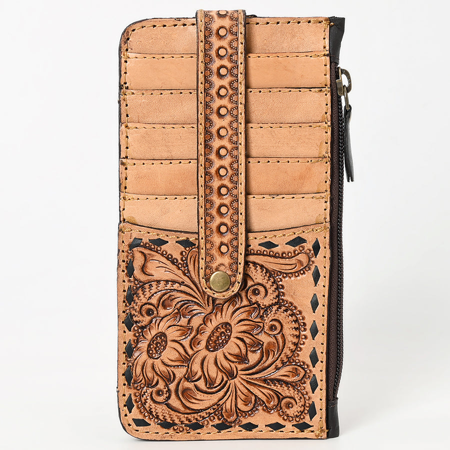 American Darling Card Holder - Buck Stitched Floral Carved, Eco-Friendly Vegetable Tanned Genuine Leather, Western Style Wallet