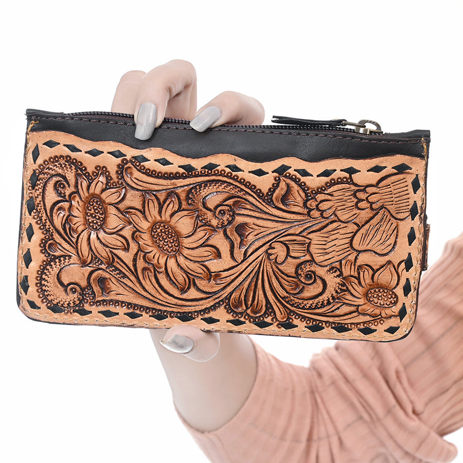 American Darling Card Holder - Buck Stitched Floral Carved, Eco-Friendly Vegetable Tanned Genuine Leather, Western Style Wallet