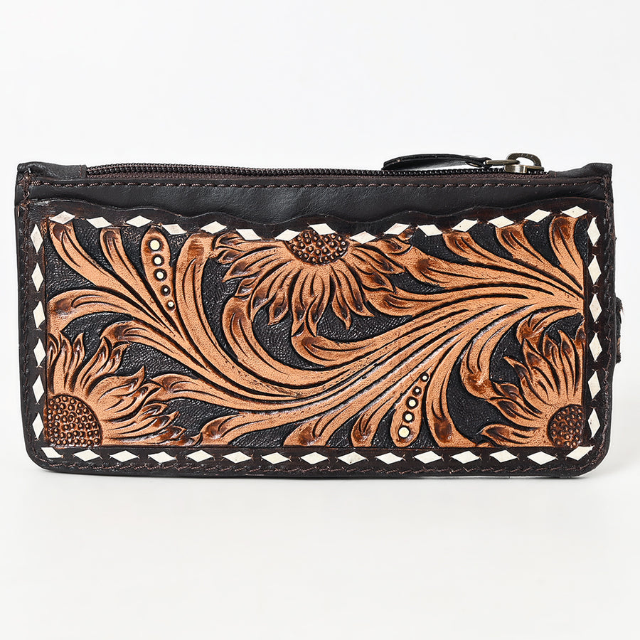 American Darling Card Holder - Buck Stitched Floral Carved, Eco-Friendly Vegetable Tanned Full Grain Leather, Western Wallet