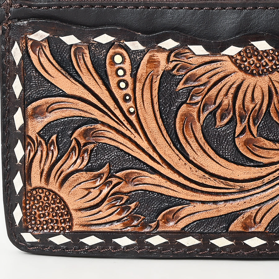 American Darling Card Holder - Buck Stitched Floral Carved, Eco-Friendly Vegetable Tanned Full Grain Leather, Western Wallet