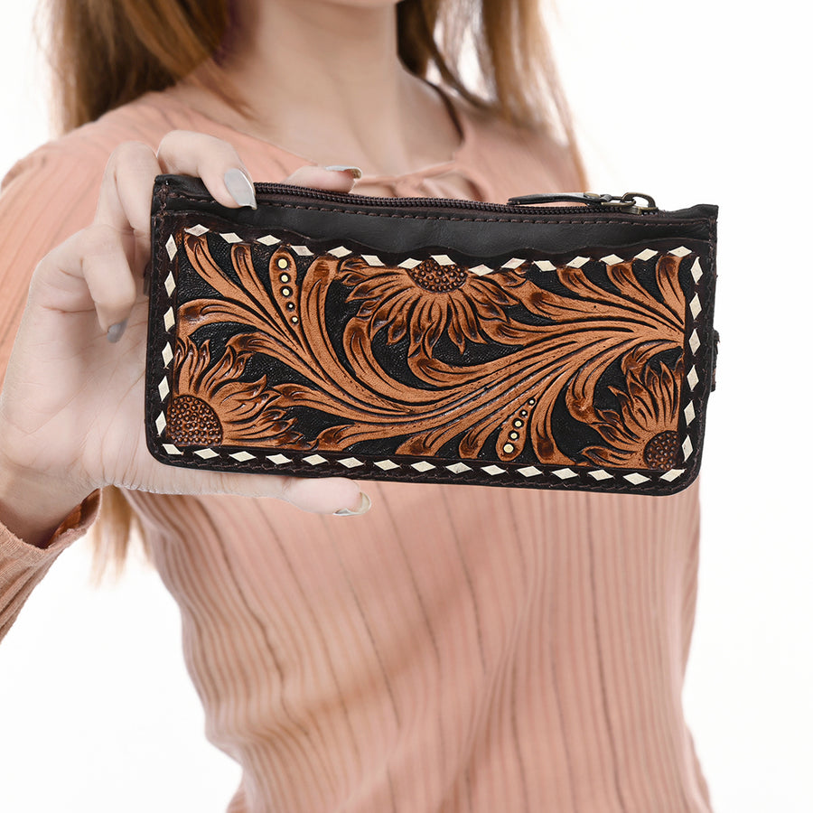 American Darling Card Holder - Buck Stitched Floral Carved, Eco-Friendly Vegetable Tanned Full Grain Leather, Western Wallet