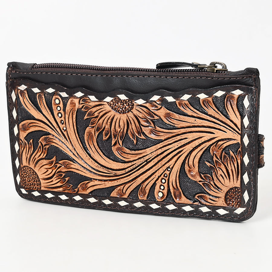 American Darling Buck Stitched Floral Carved Genuine Leather Card Holder - Uhorse