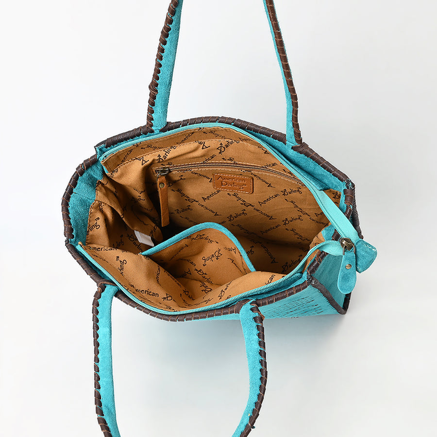 American Darling Tote Bag - Boot Stitched, Braided, Eco-Friendly Vegetable Tanned Genuine Suede Leather, Western Leather Handbag