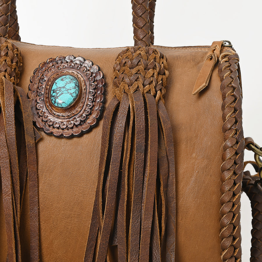 American Darling Speedy Bag Western Genuine Leather Handcrafted Purse with Fringes, Braided Handles and Turquoise Stone