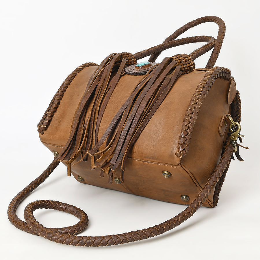 American Darling Speedy Bag Western Genuine Leather Handcrafted Purse with Fringes, Braided Handles and Turquoise Stone