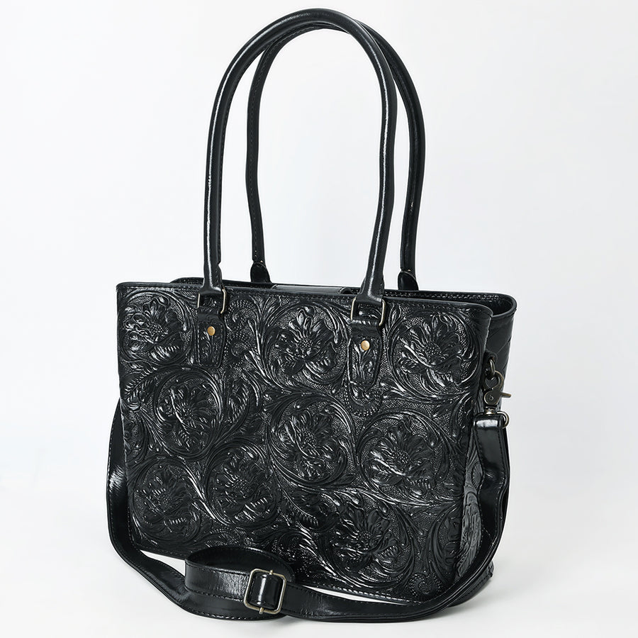American Darling Black Western Leather Tote Bag with Hand-Tooled Floral Design - Genuine Leather - Uhorse