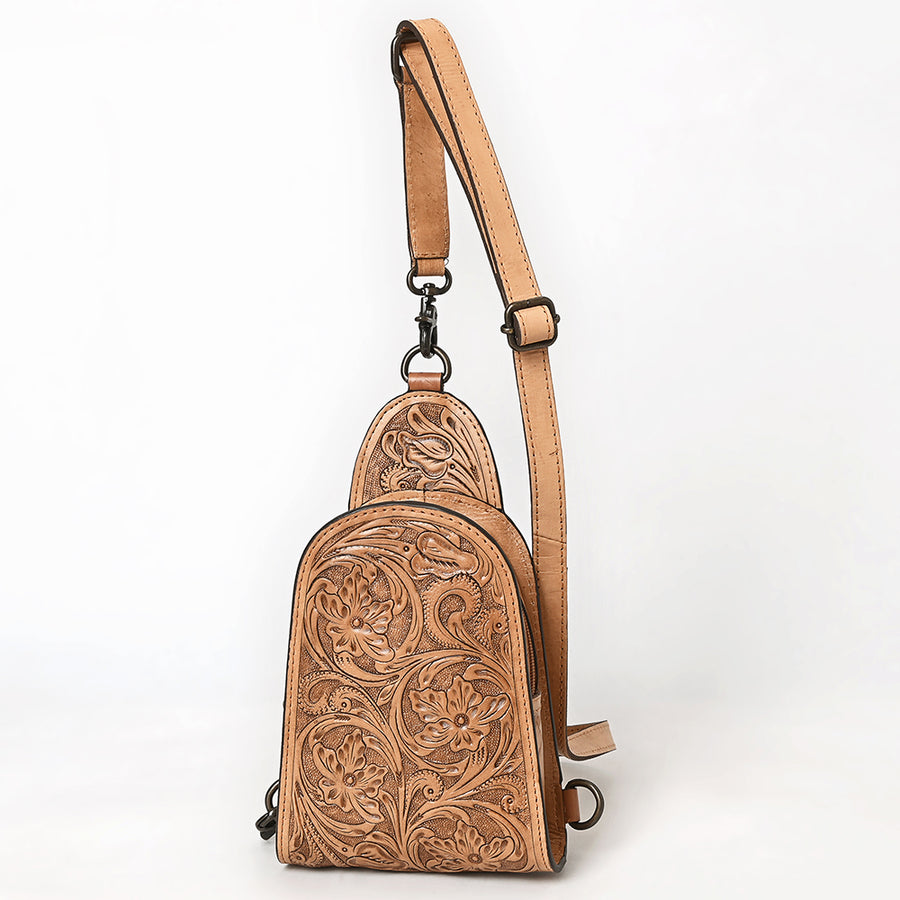 American Darling Western Leather Sling Bag with Hand-Tooled Floral Design - Genuine Vegetable-Tanned Leather - Uhorse