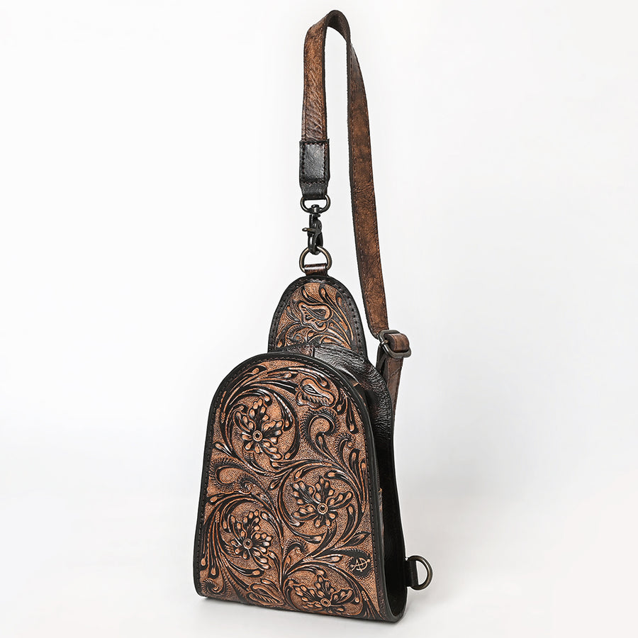 American Darling Western Leather Sling Bag with Hand-Tooled Floral Design - Genuine Vegetable-Tanned Leather - Uhorse