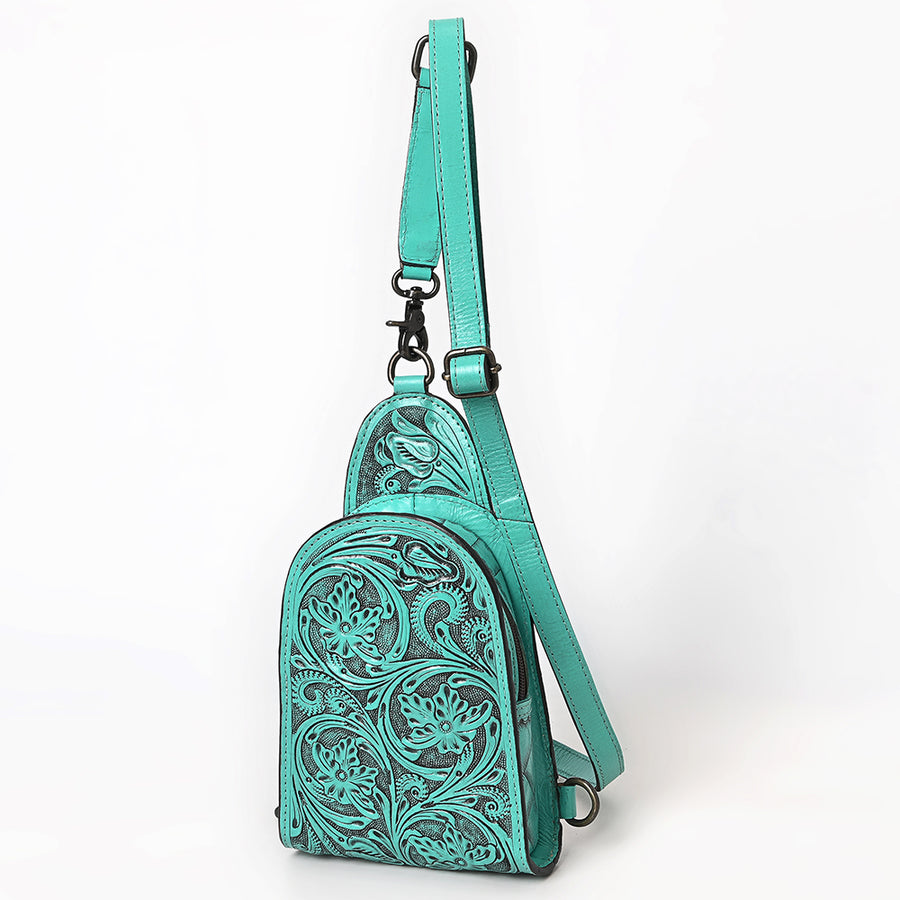 American Darling Western Leather Sling Bag with Hand-Tooled Floral Design - Genuine Vegetable-Tanned Leather - Uhorse