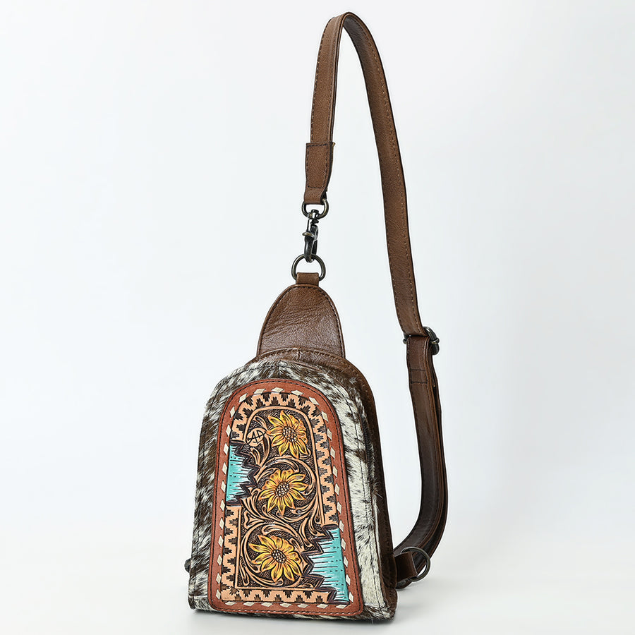 American Darling Handcrafted Western Leather Sling Bag with Hair-On Cowhide and Hand-Tooled Details - Uhorse