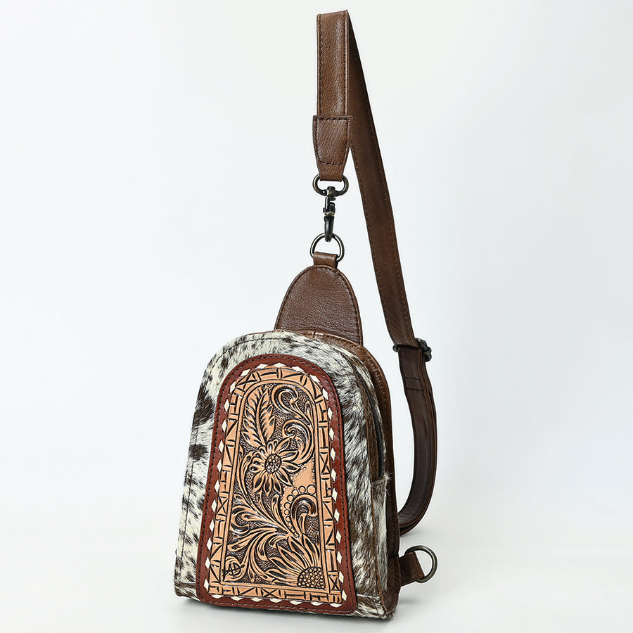 American Darling Handcrafted Western Leather Sling Bag with Hair-On Cowhide and Hand-Tooled Details - Uhorse