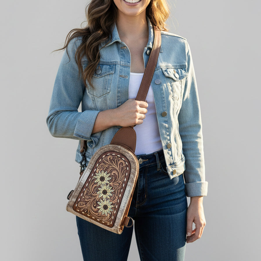 American Darling Sling Beautifully Hand Tooled Hair-On Genuine Leather women bag western handbag purse | Fanny Pack for