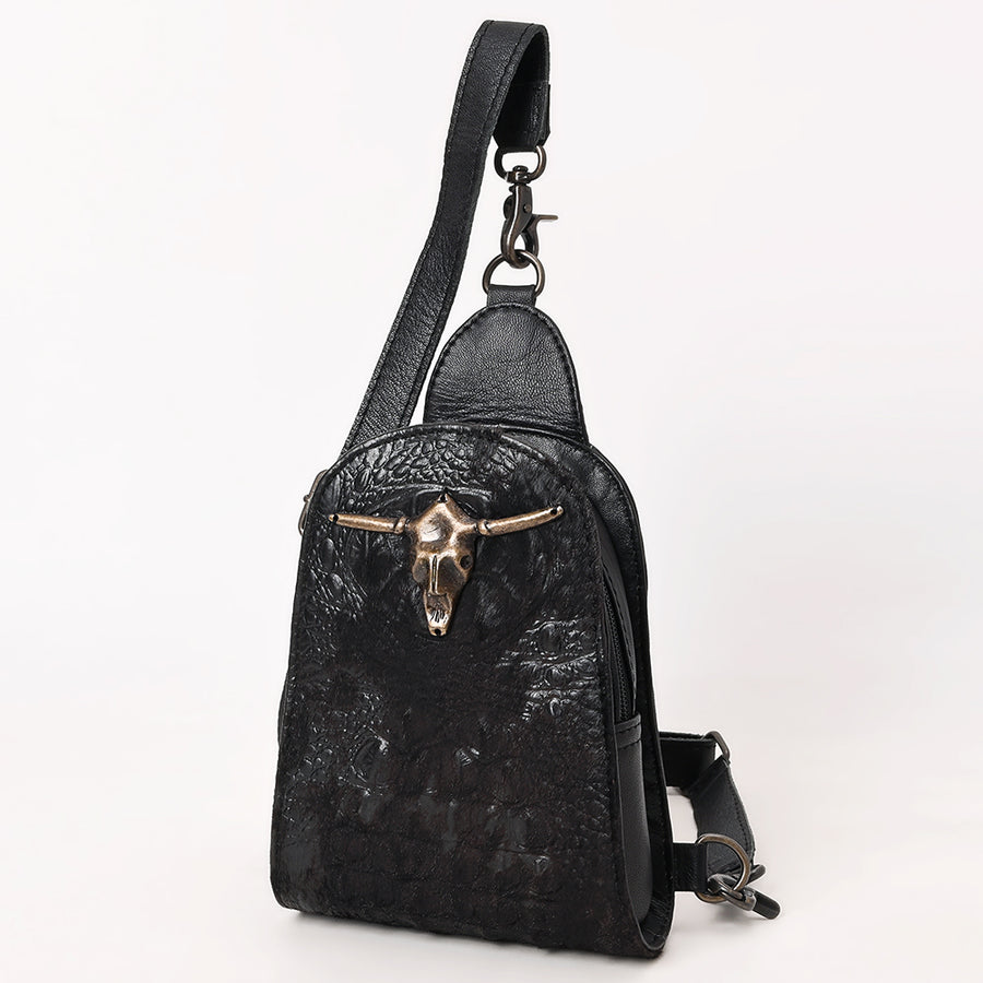 American Darling Western Leather Sling Bag Hair-On Cowhide Crocodile Embossed Detailing - Uhorse