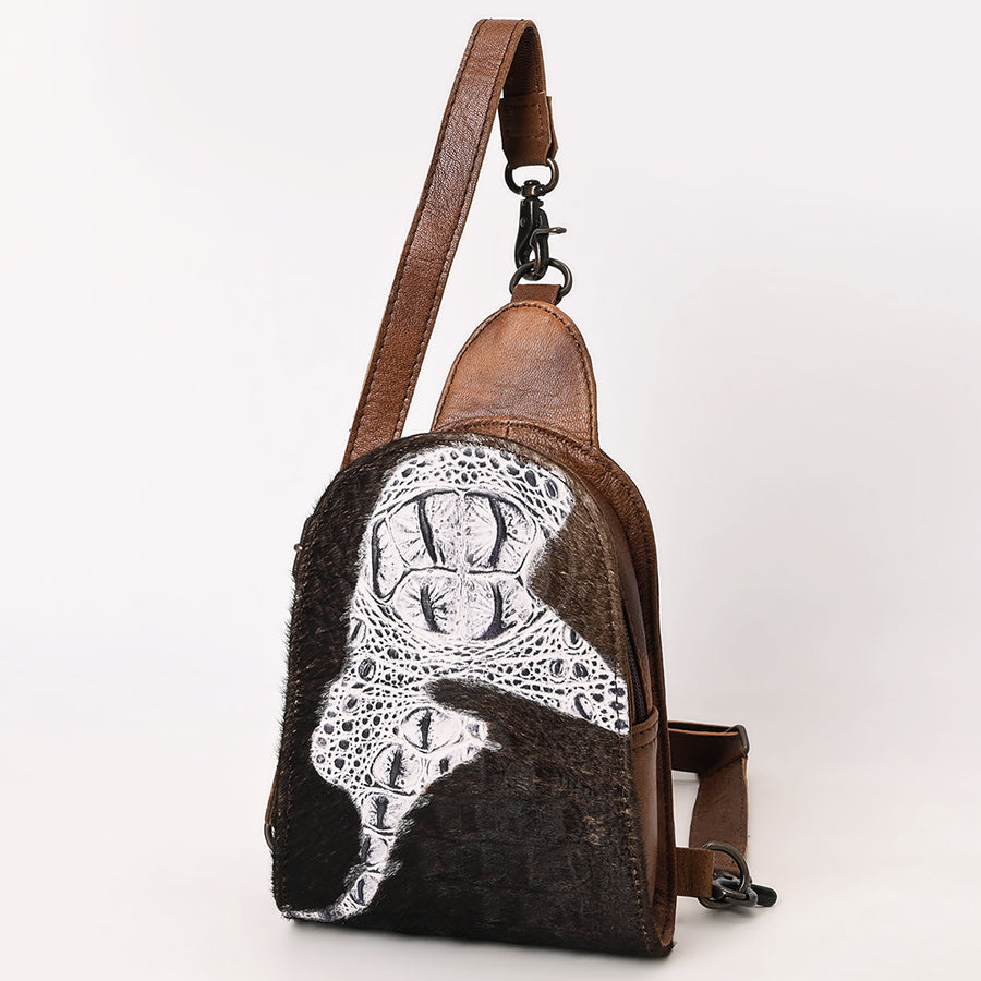 American Darling Western Leather Sling Bag Hair-On Cowhide Crocodile Embossed Detailing - Uhorse