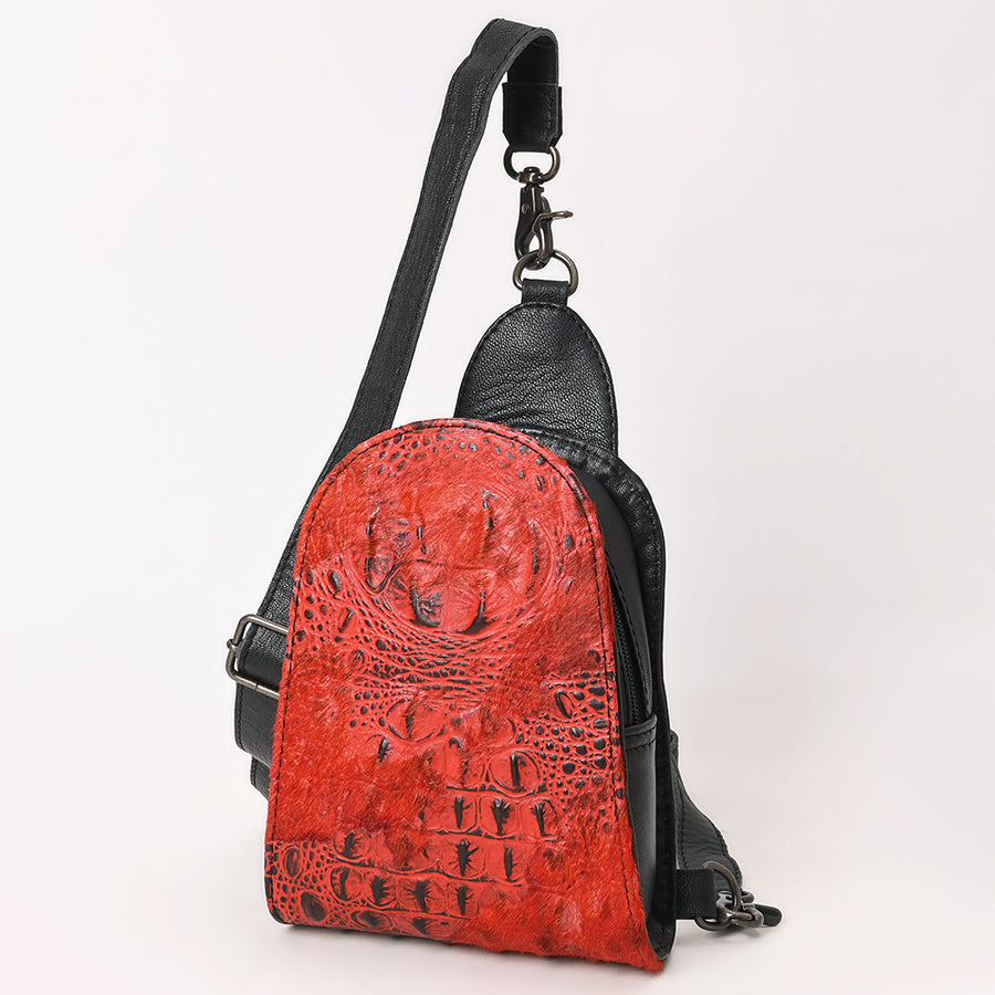 American Darling Western Leather Sling Bag Hair-On Cowhide Crocodile Embossed Detailing - Uhorse