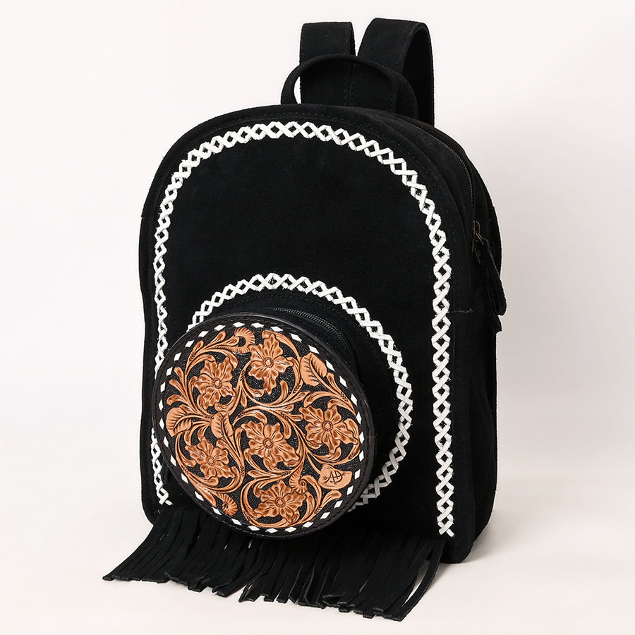 American Darling Western Genuine Suede Leather Backpack Bag with Fringe and Hand-Tooled Floral Accents - Uhorse
