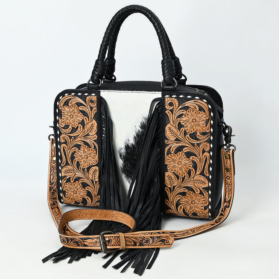 American Darling Western Leather Tote Bag with Hair-On Cowhide and Hand-Tooled Floral Panels - Uhorse