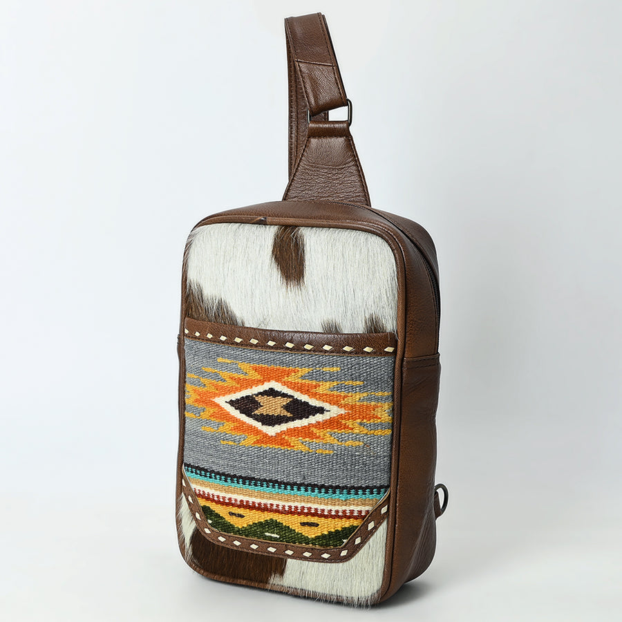 American Darling Western Leather Sling Bag with Hair-On Cowhide and Woven Saddle Blanket Front - Uhorse