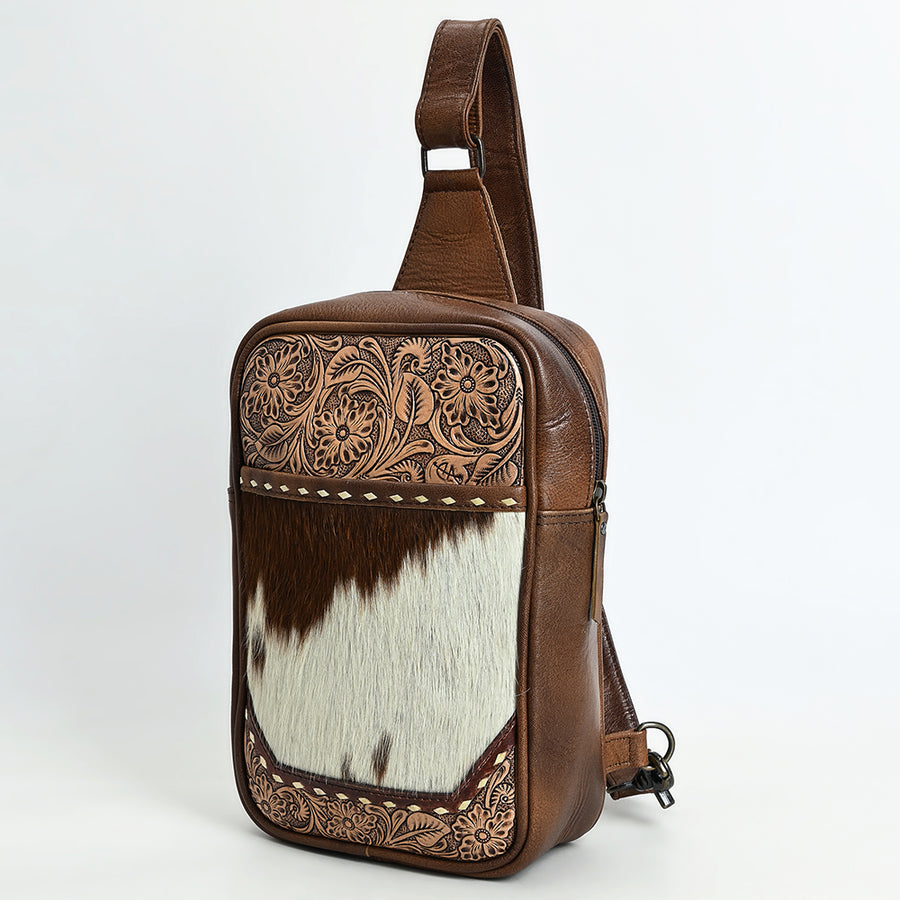 American Darling Western Leather Sling Bag with Hair-On Cowhide and Hand-Tooled Floral Accents - Uhorse