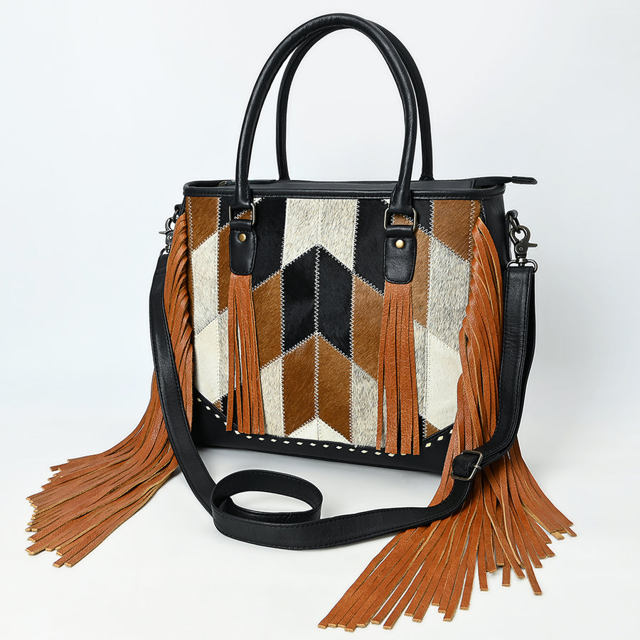 American Darling Western Leather Tote Bag with Hair-On Cowhide and Fringe | Handmade American Darling - Uhorse