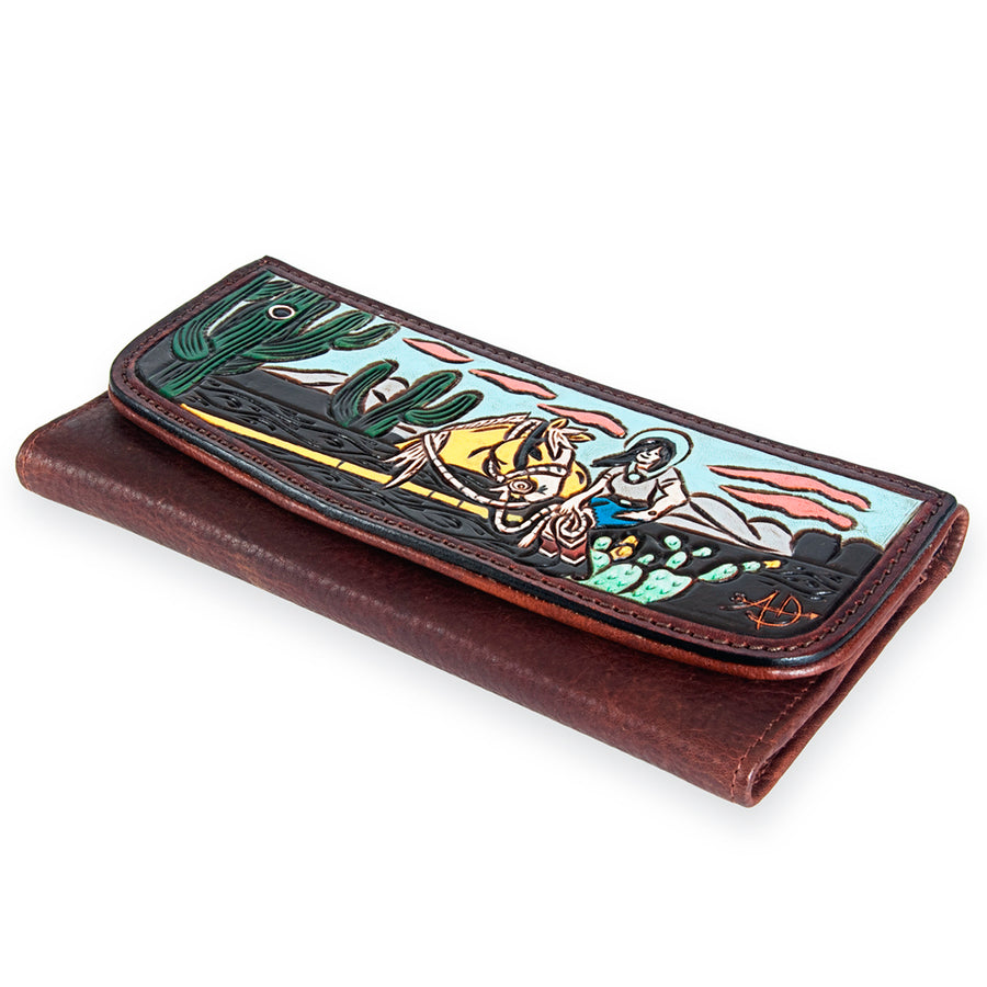 American Darling Wallet Hand Tooled Leather Clutch Vegetable Tanned Western Accessory 4in x 8in
