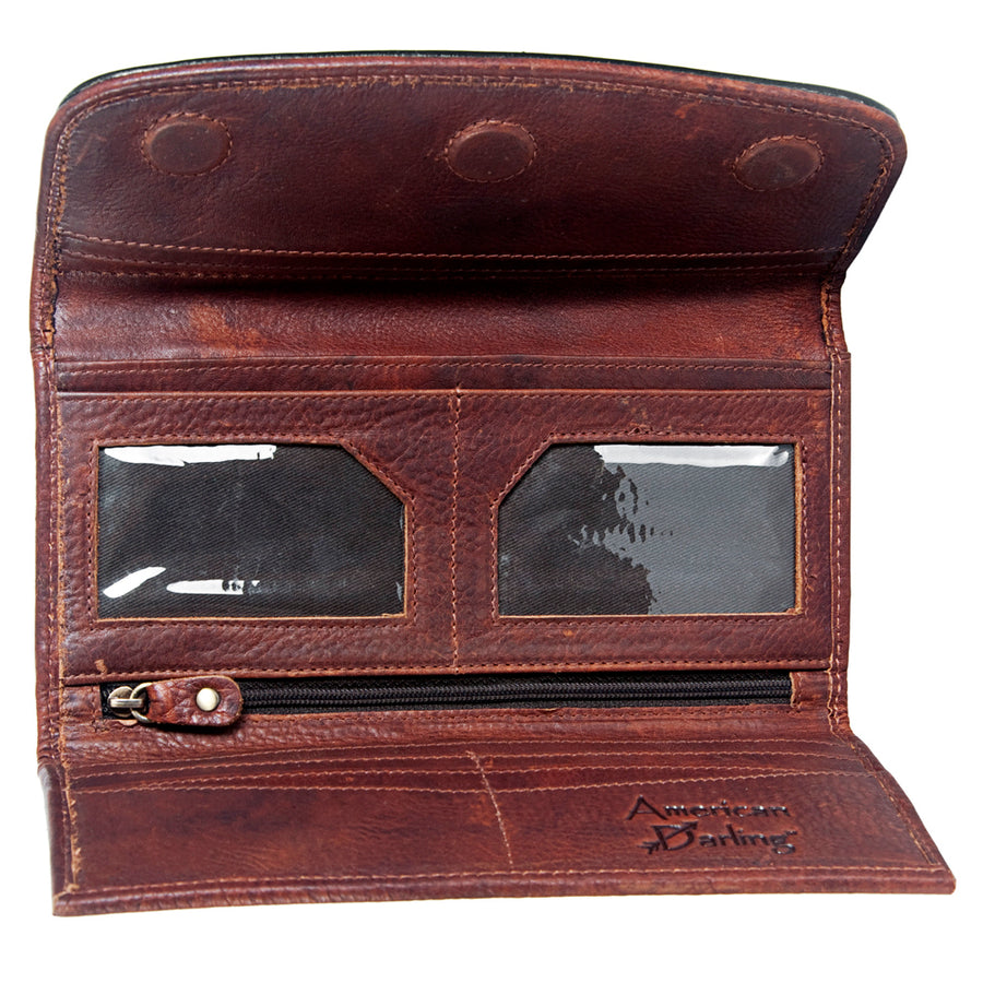 American Darling Wallet Hand Tooled Leather Clutch Vegetable Tanned Western Accessory 4in x 8in