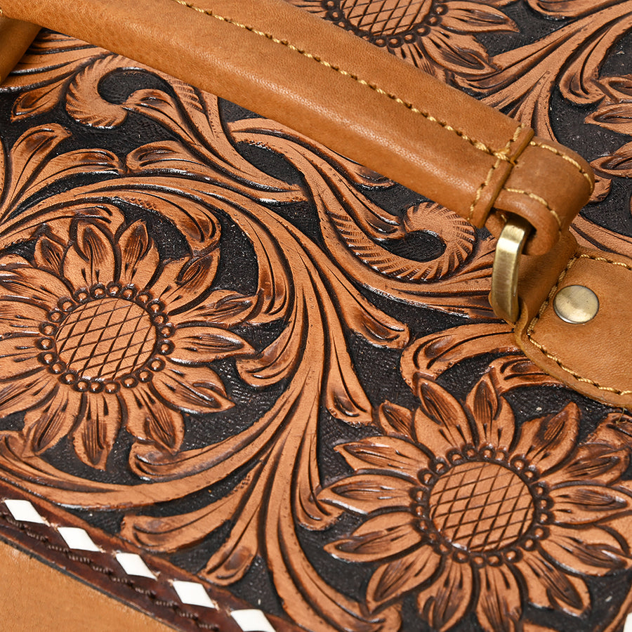 American Darling Hair-On Cowhide Hand Tooled Floral Carved Leather Jewelry Case Genuine Western Leather with YKK Zipper