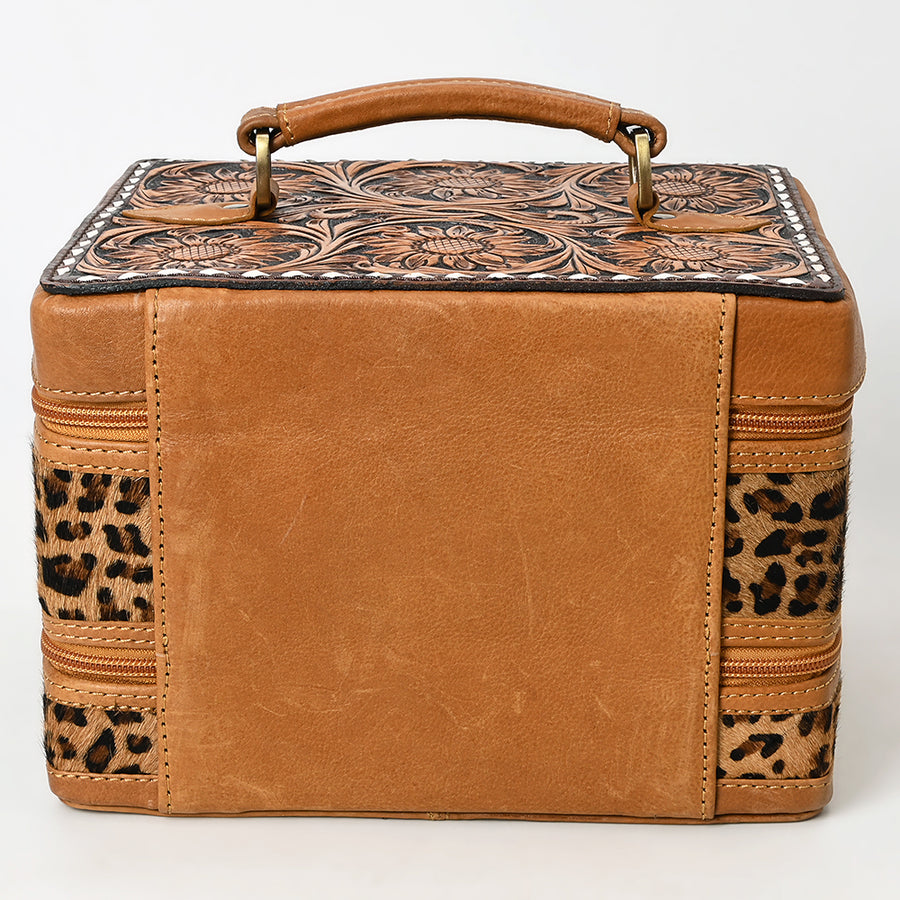 American Darling Hair-On Cowhide Hand Tooled Floral Carved Leather Jewelry Case Genuine Western Leather with YKK Zipper