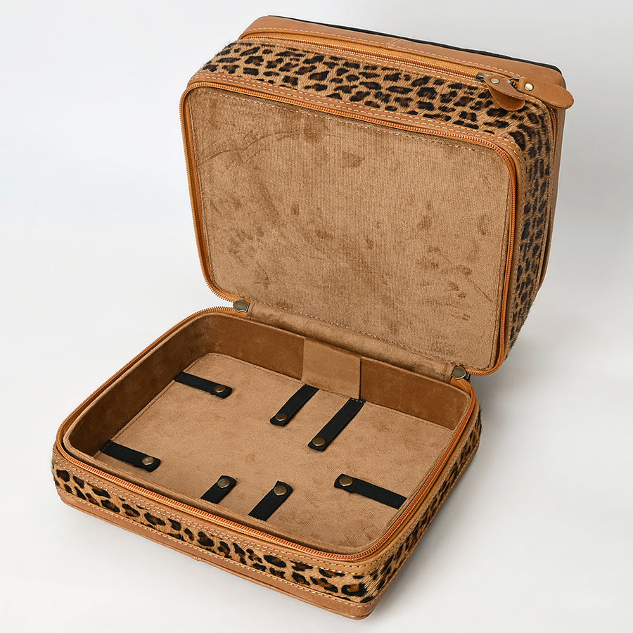 American Darling Hair-On Cowhide Hand Tooled Floral Carved Leather Jewelry Case Genuine Western Leather with YKK Zipper