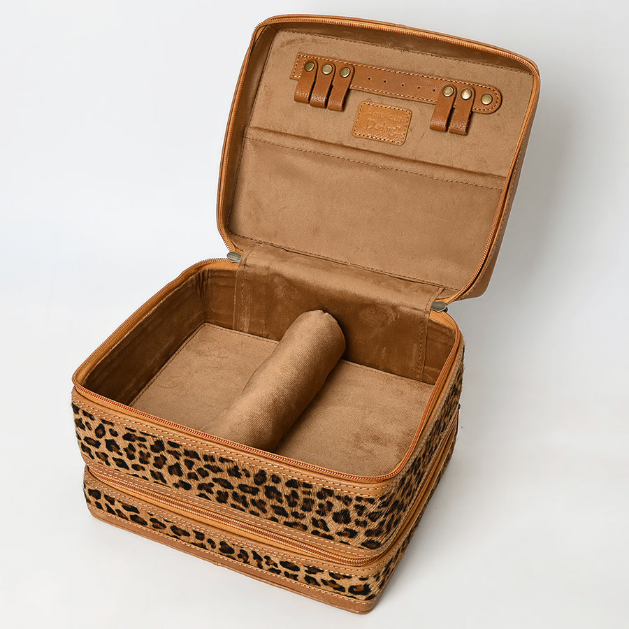 American Darling Hair-On Cowhide Hand Tooled Floral Carved Leather Jewelry Case Genuine Western Leather with YKK Zipper