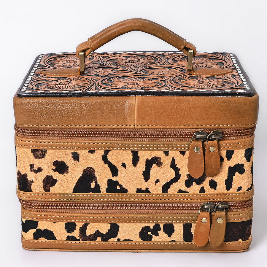 American Darling Hair-On Cowhide Hand Tooled Floral Carved Leather Jewelry Case Genuine Western Leather with YKK Zipper