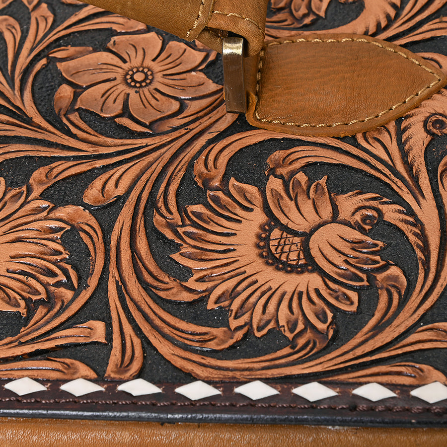 American Darling Hair-On Cowhide Hand Tooled Floral Carved Leather Jewelry Case Genuine Western Leather with YKK Zipper