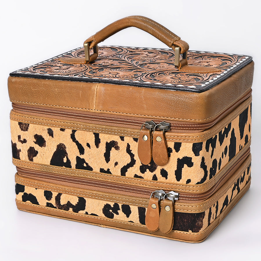 American Darling Hair-On Cowhide Hand Tooled Floral Carved Leather Jewelry Case Genuine Western Leather with YKK Zipper