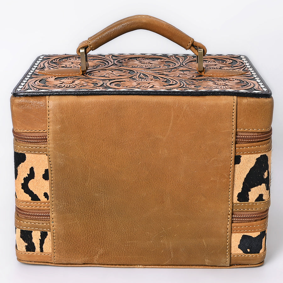 American Darling Hair-On Cowhide Hand Tooled Floral Carved Leather Jewelry Case Genuine Western Leather with YKK Zipper