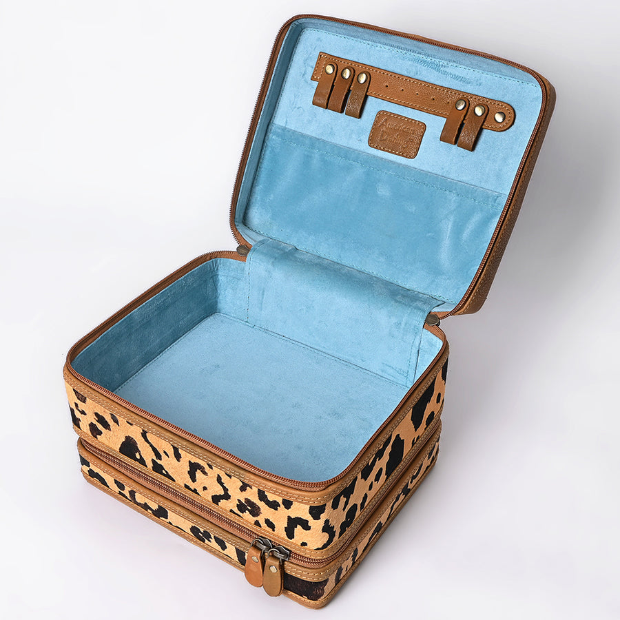 American Darling Hair-On Cowhide Hand Tooled Floral Carved Leather Jewelry Case Genuine Western Leather with YKK Zipper