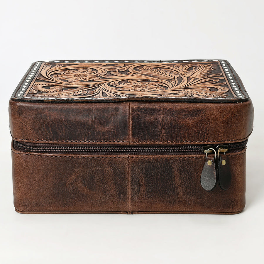 American Darling Women's Hand Tooled Floral Carved Genuine Leather Jewelry Case Eco-Friendly Travel Organizer YKK Zipper