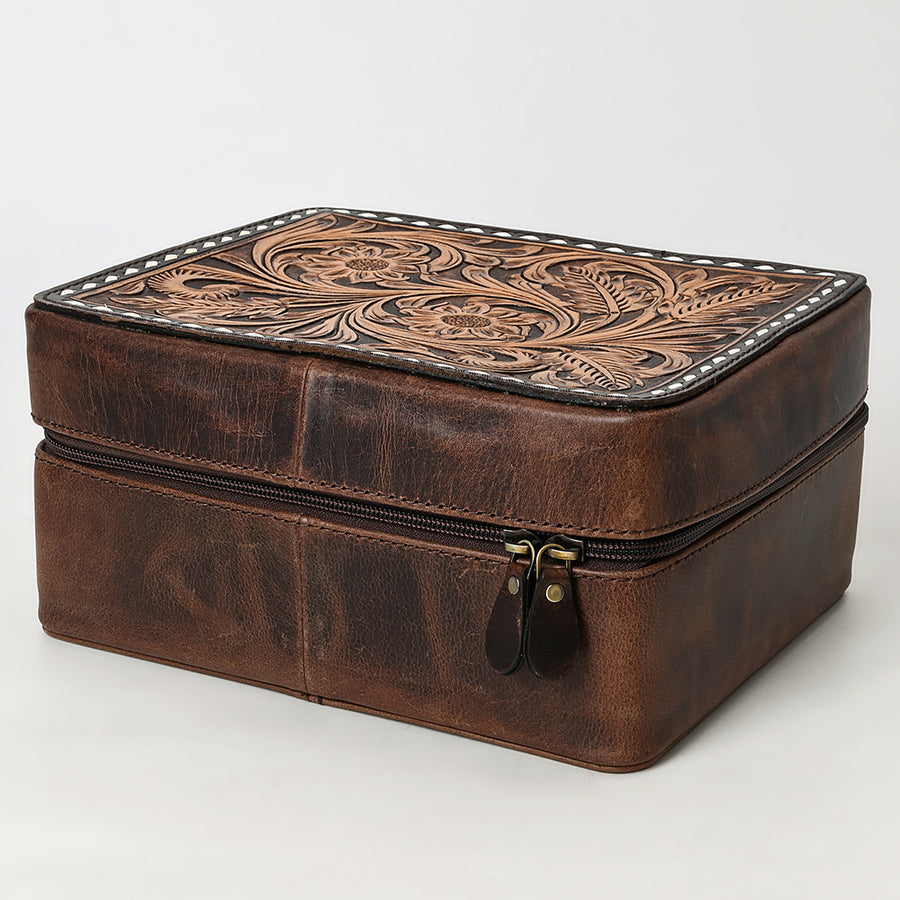 American Darling Women's Hand Tooled Floral Carved Genuine Leather Jewelry Case Eco-Friendly Travel Organizer YKK Zipper