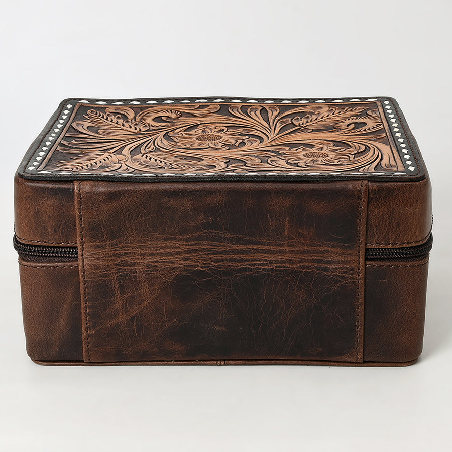 American Darling Women's Hand Tooled Floral Carved Genuine Leather Jewelry Case Eco-Friendly Travel Organizer YKK Zipper