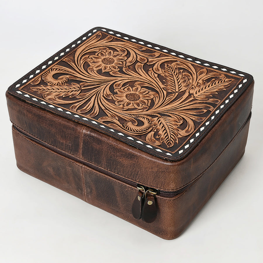 American Darling Hand Tooled Floral Carved Genuine Leather Jewelry Case - Uhorse